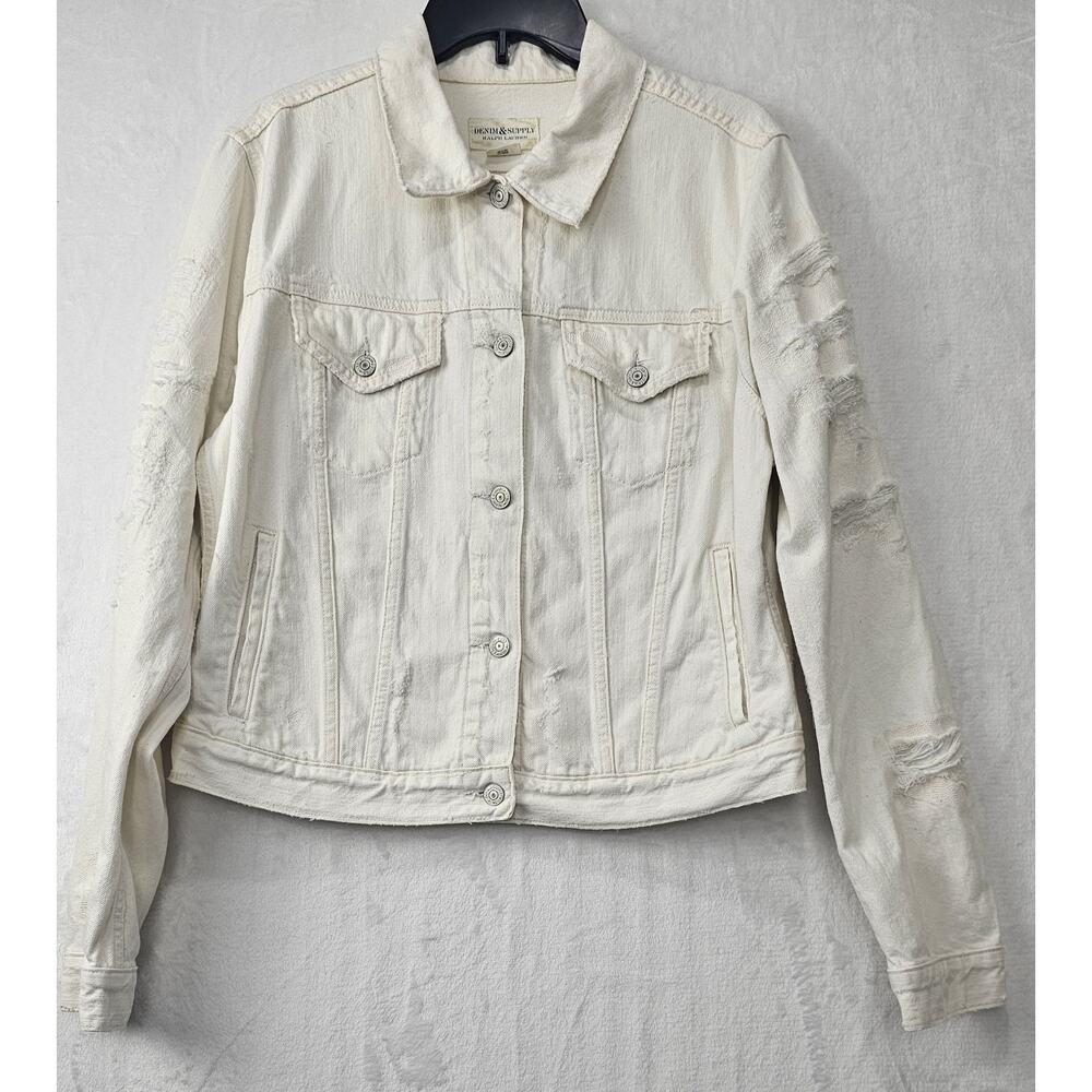 Denim & Supply Ralph Lauren Off White Jean Jacket Distressed Size L